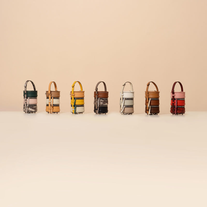 #NashaPinto Leather Bag Charm & Mini Bucket Bag in Pinto Lunch box shape with 1 leather handle and 1 leather strap. Pinto Series has 3 sizes, Original, Mini, Baby size.  NASHA MADE IN MARS / NASHABAG /  กระเป๋า ปิ่นโต