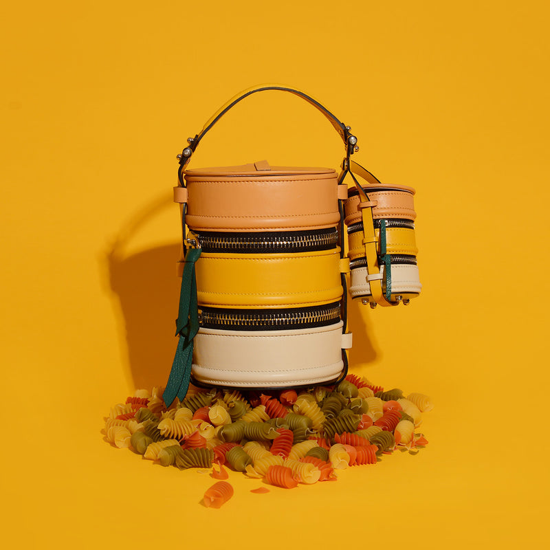 #NashaPinto Leather Bag Charm & Mini Bucket Bag in Pinto Lunch box shape with 1 leather handle and 1 leather strap. Pinto Series has 3 sizes, Original, Mini, Baby size.  NASHA MADE IN MARS / NASHABAG /  กระเป๋า ปิ่นโต